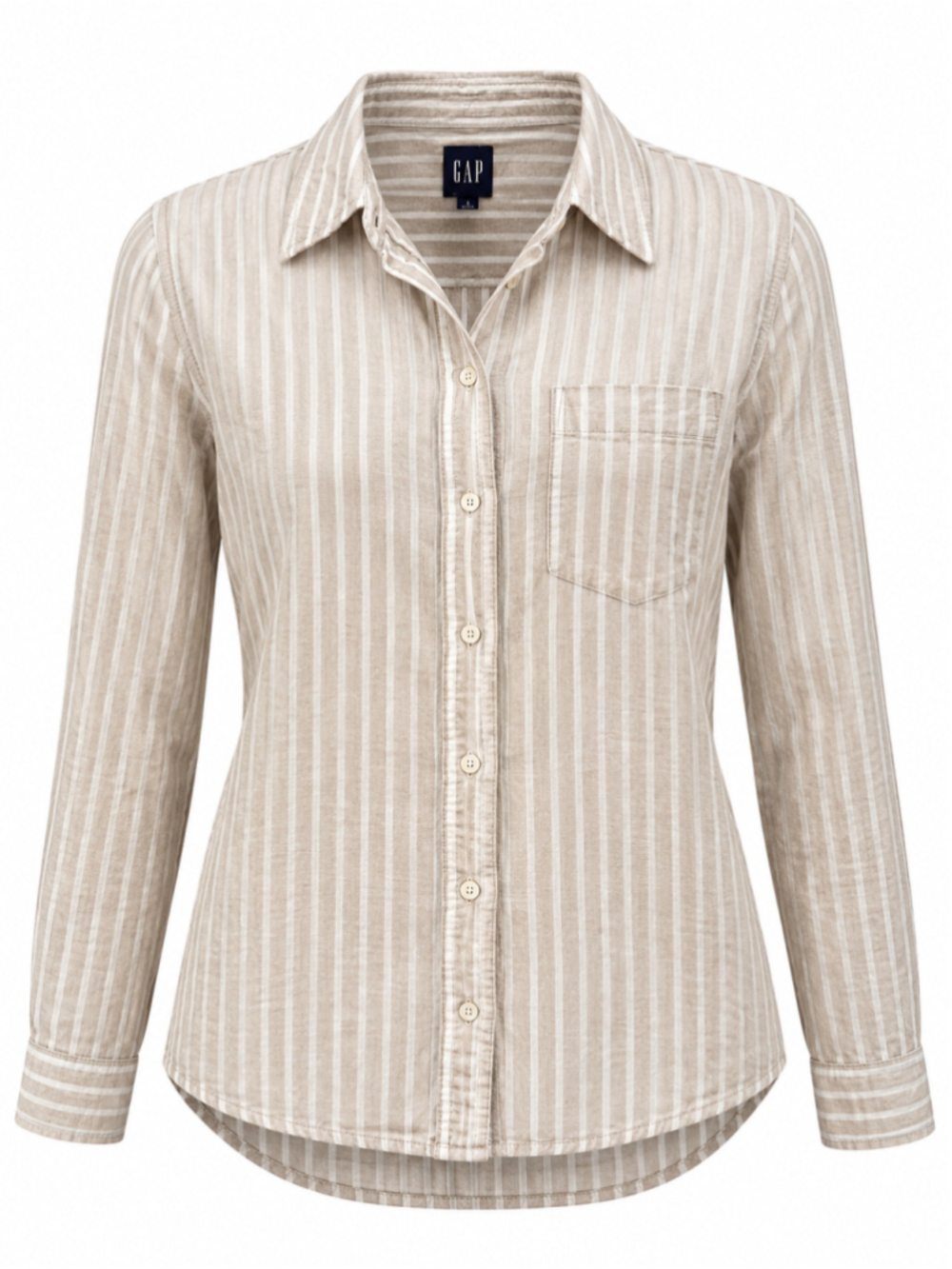 Women's Gap Button Down Shirt Size S Beige White Striped Long Sleeve